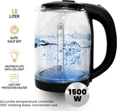 Electric Glass Kettle with 1.8L Capacity, 360° Rotating Base, Fast Boiling, Auto Shut-Off, Boil-Dry Protection, LED Indicator, and Stainless Steel Accents - 1500W