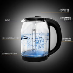 Electric Glass Kettle with 1.8L Capacity, 360° Rotating Base, Fast Boiling, Auto Shut-Off, Boil-Dry Protection, LED Indicator, and Stainless Steel Accents - 1500W